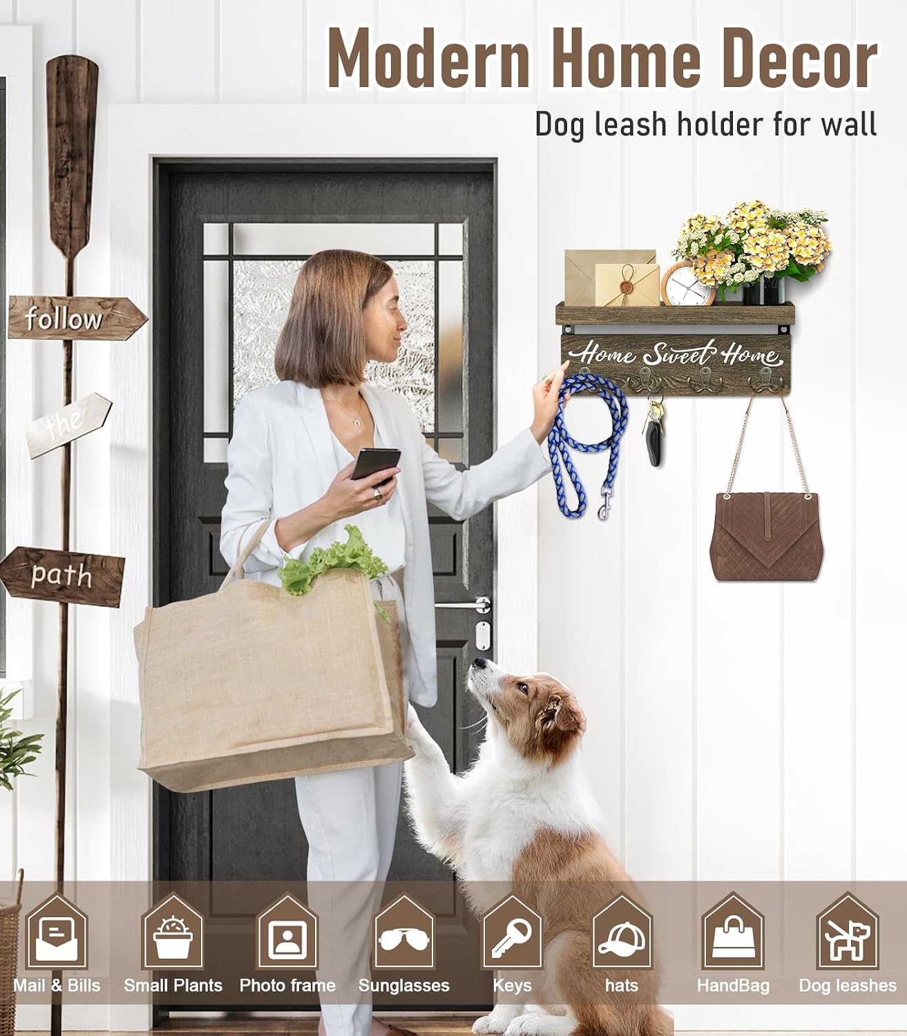 buways Key Holder Wall Mount with 8 Hooks and Cozy Home Sign (Gray) | Solid Wood, Floating Shelf for Keys, Mail, and Daily Essentials in Entryways, Hallways or Home Decor