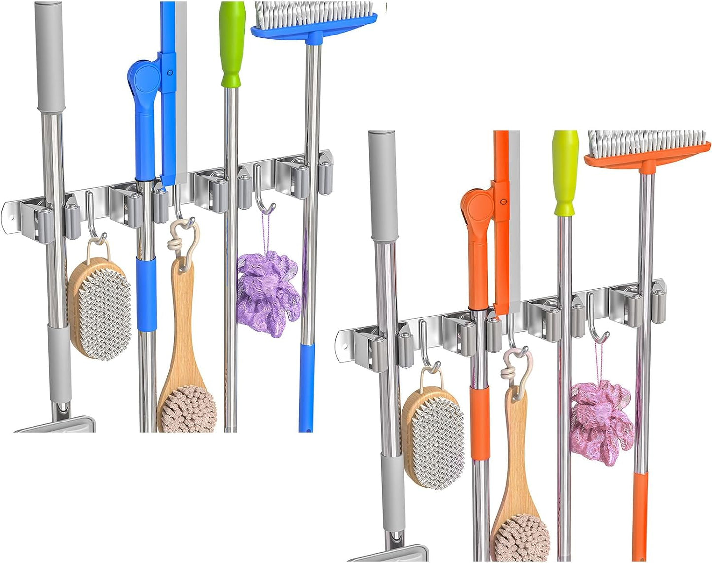 Broom Holder Wall Mount Mop Organizer, 5 Racks 4 Hooks | Premium Stainless Steel Mop Holder Storage Tool Utility Racks Solid for Home Kitchen Garden Laundry Garage