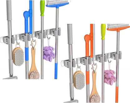 Broom Holder Wall Mount Mop Organizer, 5 Racks 4 Hooks | Premium Stainless Steel Mop Holder Storage Tool Utility Racks Solid for Home Kitchen Garden Laundry Garage
