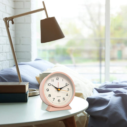 SHISEDECO Small Antique Retro Analog Alarm Clock, 4.5" Desk Clock, Pink | Small Silent Bedside Deskclock with Light Function, Non-Ticking Tableclock Decor for Living Room, Bedroom, Bedside, Shelf