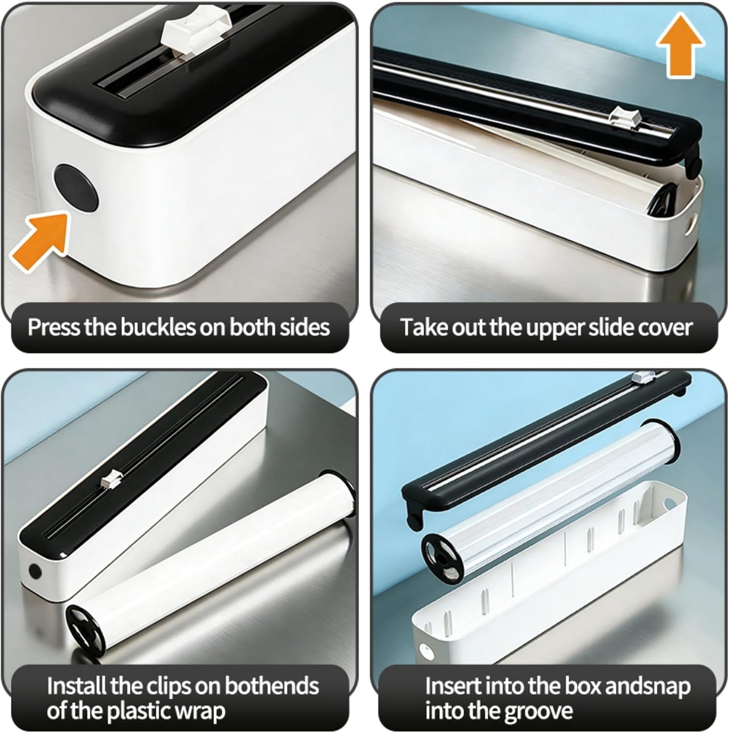 Plastic Wrap Dispenser with Slide Cutter, Cling Film Dispenser with Safe Hidden Blade, Easy Refill Food Wrap Holder Fits 12 Inch Standard Rolls, Countertop Kitchen Wrap Organizer