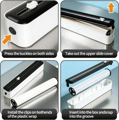 Plastic Wrap Dispenser with Slide Cutter, Cling Film Dispenser with Safe Hidden Blade, Easy Refill Food Wrap Holder Fits 12 Inch Standard Rolls, Countertop Kitchen Wrap Organizer