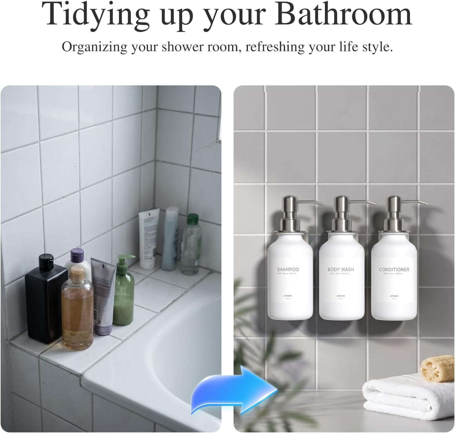 Shampoo and Conditioner Dispenser Wall Mounted Set of 3 - Shampoo Conditioner Body Wash Dispenser No Drill - White Shower Bottles Refillable with Labels and Stainless Steel Pumps 500ML/16.9oz