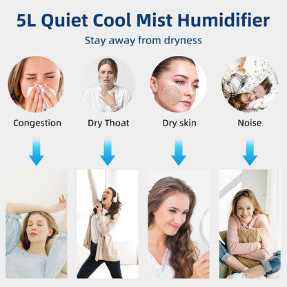FLYMOON Top Fill 5L Cool Mist Humidifiers with 28dB | Tuya App & Touch Control, Auto-Off, 12H Timer, 50 Hour Runtime, Ultra-fine Mist, Ideal for Bedrooms