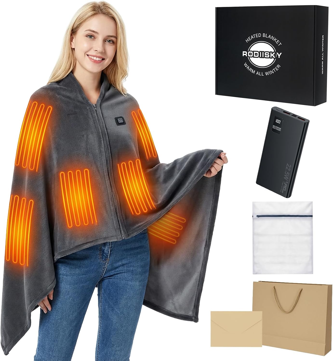 Cordless Heated Blanket, Machine Washable with Laundry Bag, 20000mAh Battery Powered Heating Throw with Power Bank, 3 Heating Levels, 59"x31.5" Portable Electric Blanket (Grey)