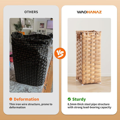 Rattan Umbrella Stand, Umbrella Holder for Entryway, Hand Woven Umbrella Rack Organizer Freestanding, with a Detachable Drip Tray, 4 Hooks, 11.8" L x 5.5" W x 16.5" H, Natural