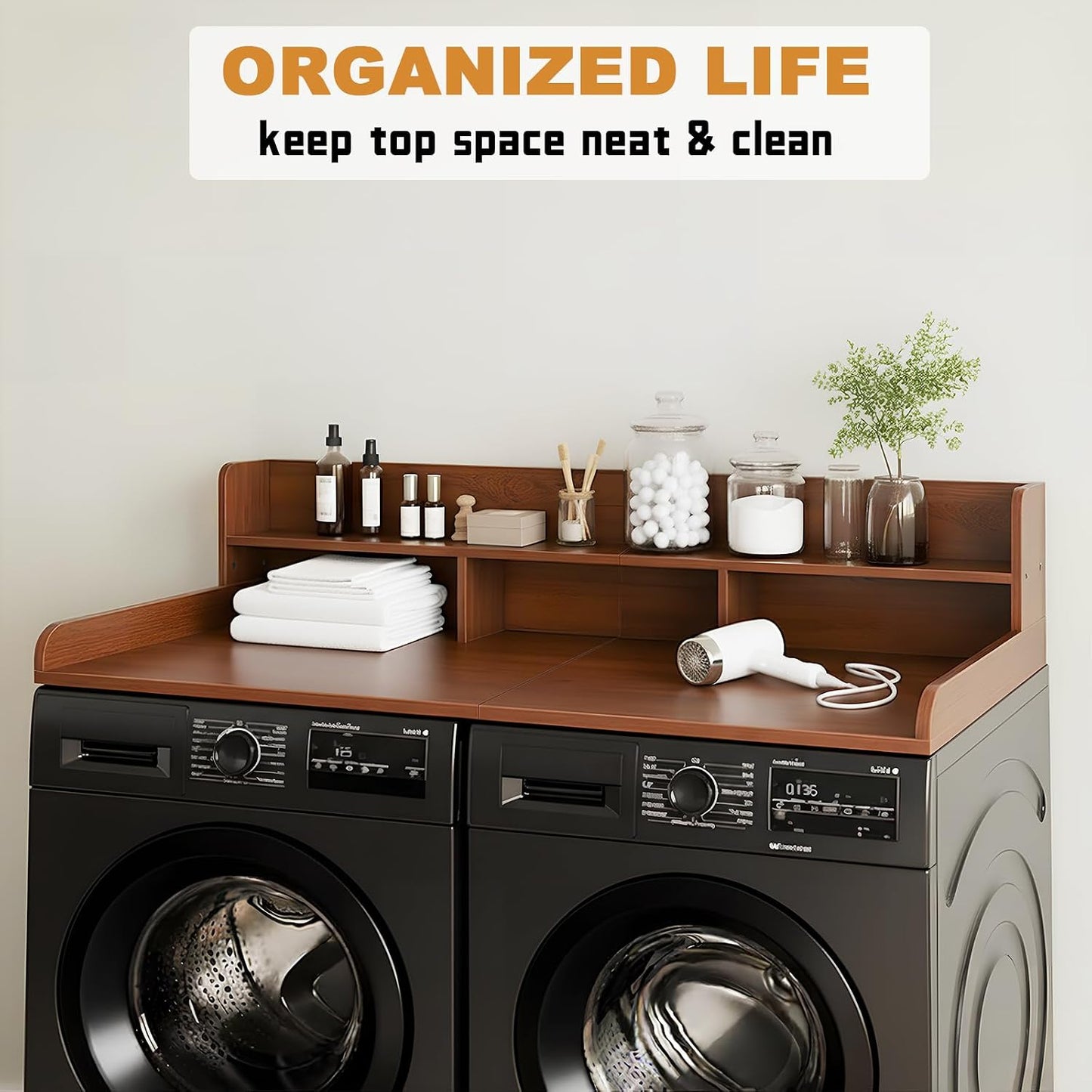 Washer Dryer Countertop with Shelf, 2-Tier Laundry Countertop Over Washer and Dryer, 54" x 27.55" Wooden Table for Folding Clothes for Laundry Room Organization and Storage (Oak)