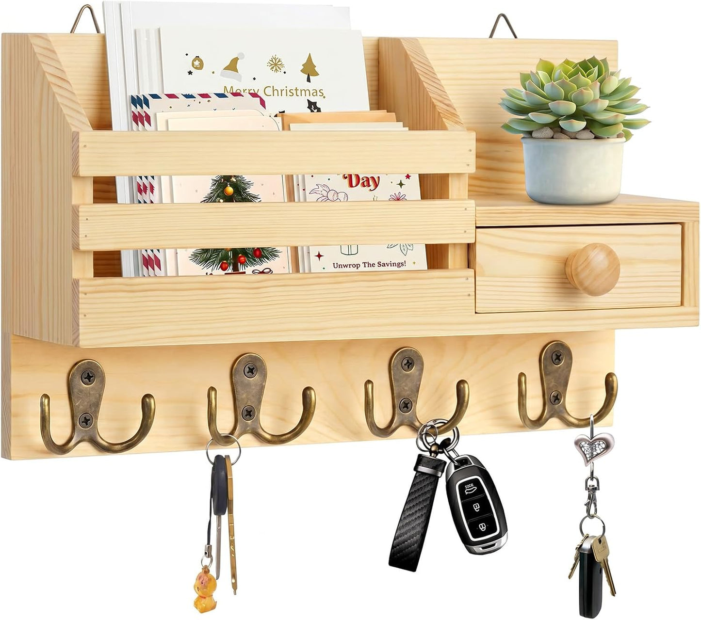 Key Holder Wall Mount, Wooden Key and Mail Organizer, Black | 2 Mount Options, Includes 8 Hooks, Fence Mail Slot, Small Drawer and Shelf, for Entryway, Hallway, Doorway, Living Room, RV