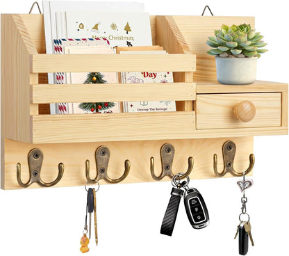 Key Holder Wall Mount, Wooden Key and Mail Organizer, Black | 2 Mount Options, Includes 8 Hooks, Fence Mail Slot, Small Drawer and Shelf, for Entryway, Hallway, Doorway, Living Room, RV