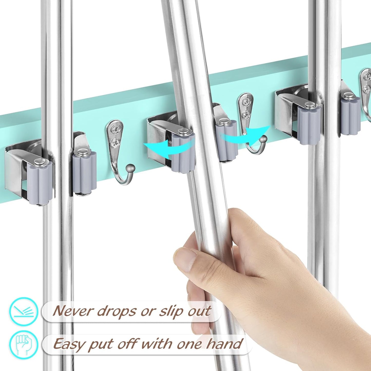 OUTNILI Mop and Broom Holder Wall Mount - Wood Broom Mop Hanger - Wall Mounted Garden Tool Rack Organizer for Closet Garage Laundry Room, Rustic Kitchen Decor With 4 Slots & 4 Hooks