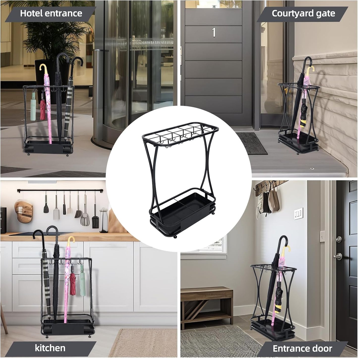 15 Slot Umbrella Stand with 8 Hooks – Heavy Duty Metal Indoor Umbrella Rack Holder with Removable Drip Tray – Large Commercial Entryway Organizer for Office, Lobby or Home