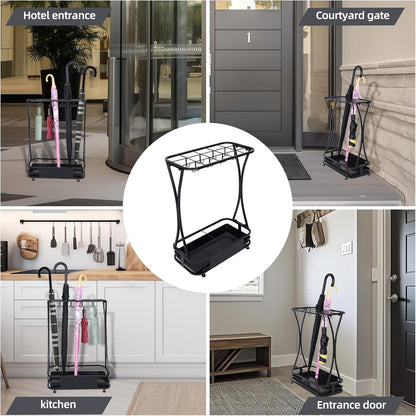 15 Slot Umbrella Stand with 8 Hooks – Heavy Duty Metal Indoor Umbrella Rack Holder with Removable Drip Tray – Large Commercial Entryway Organizer for Office, Lobby or Home