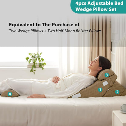 Bedluxe Wedge Pillow Headboard, 3PCS Orthopedic Bed Wedge Pillows Set for After Surgery, Adjustable Pillow Wedge for Acid Reflux&Back Pain Relief, Sleeping, Back Pillow for Bed Sitting Up, White/Grey