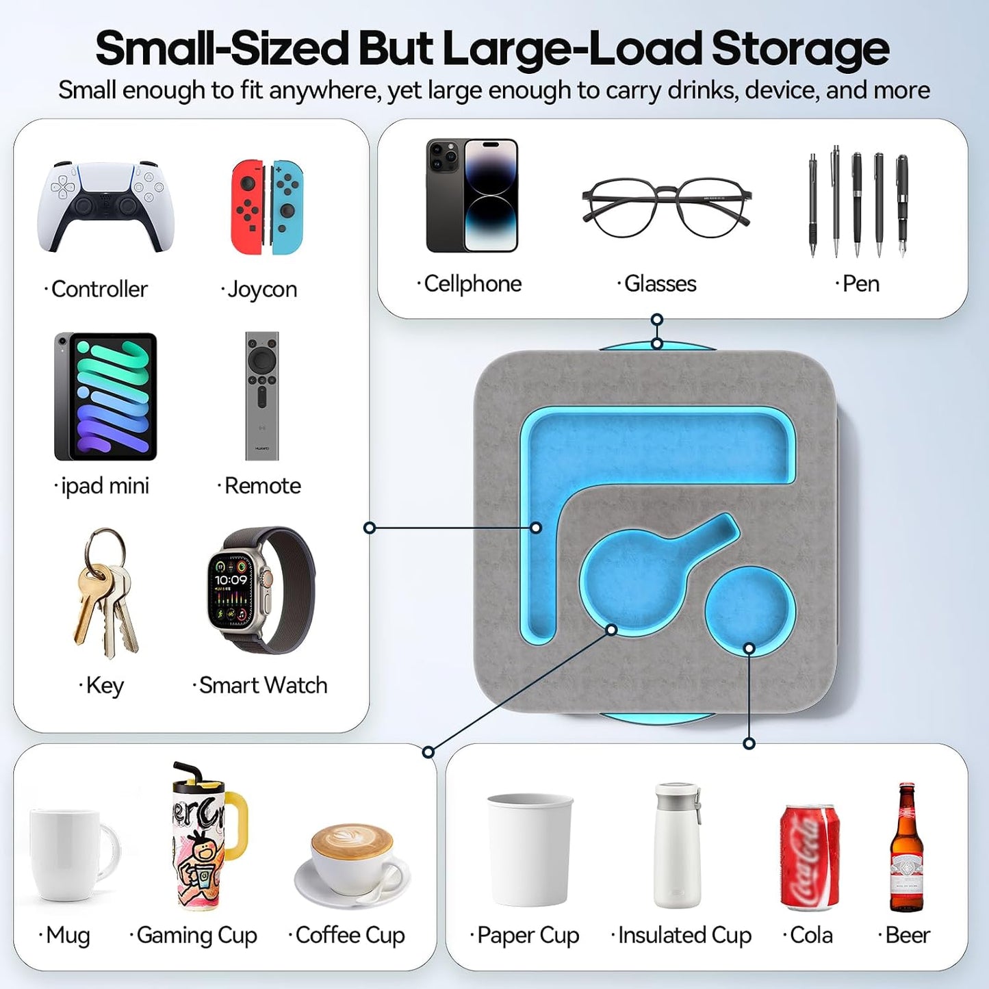 Couch Cup Holder Pillow, Sofa and Bed Caddy for iPad, Kindle, Switch, Game Controller, Remotes, Phones, Small-Sized Cup & Drink Holder for Couch, Bed, Desk, Car, Beach, Bathroom Cup Holder