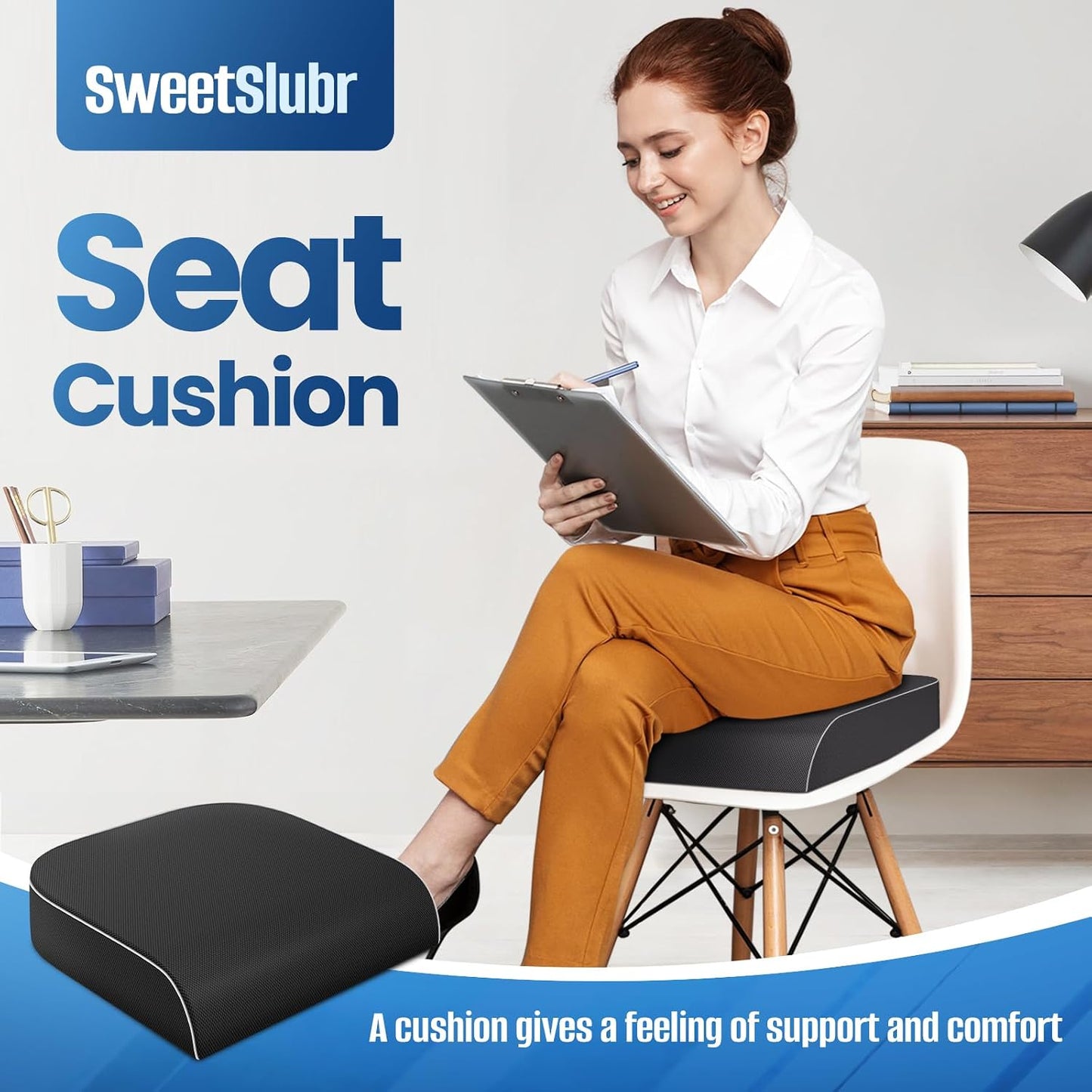 SweetSlubr Seat Cushion, Chair Pad, Memory Foam Large Cushion | Office Chair Cushion for Tailbone Pain Relief, Non-Slip Cover, Soft Support for Office Chair, Car Seat, Airplane,Large/Black