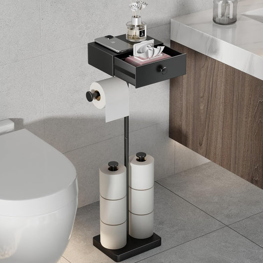 VOLDRA Toilet Paper Holder with Shelf Black Wipes Dispenser for Bathroom Toilet Paper Holder with Storage Upgrade Drawer Design Toilet Tissue Holder Adhesive Small Bathroom Shelf Wall Mount
