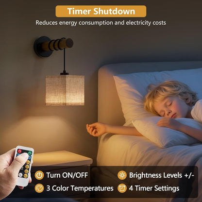 XSDeTu Battery Operated Wall Sconce with Remote, Rechargeable Battery Powered Wall Light, 3 Colors Dimmable Wall Mounted Lights, Adjustable Lamp for Bedroom Bedside, Wooden Arm, Fabric Shade, 2 Pcs