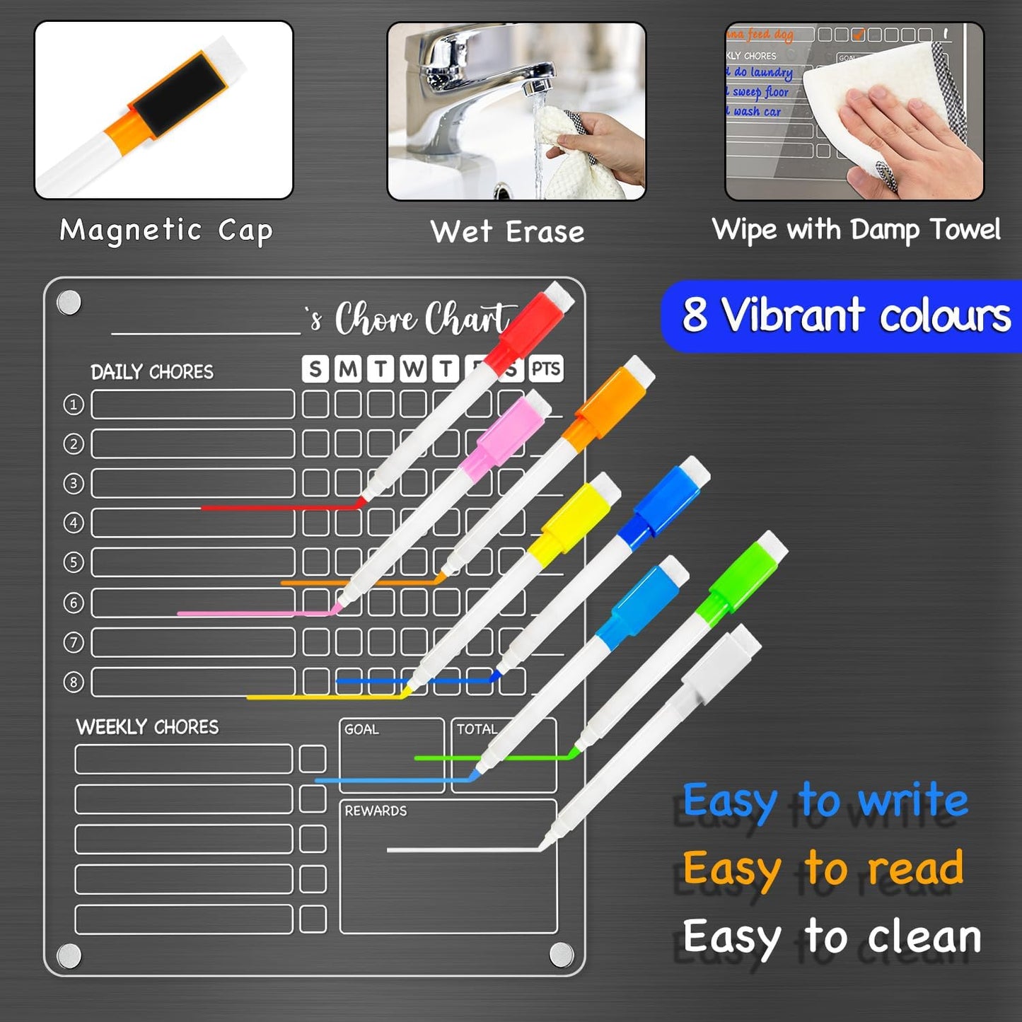 PigPotParty Acrylic Magnetic Chore Chart for Kids, 12x9.5 Inch, 2 Pack | Sleek Clear Acrylic Design, Reward System Builds Habits, Built-In Magnets Require No Installation, 8 Wet-Erase Markers