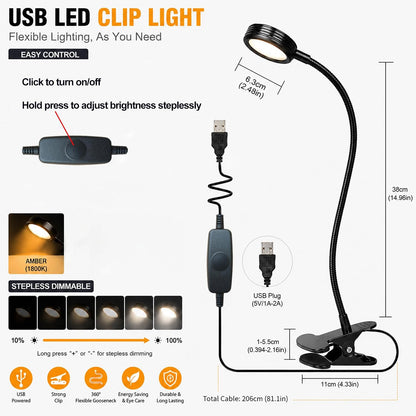USB Clip-On Lamp, Eye Caring Dimmable Reading Light (Warm+Cool White, 8W) | Dimmable, Inline Switch, 1M Timer, USB 5V Port, 3000K+6000K, 81inch Long Cable, Flexible Gooseneck, Metal Head and Clip