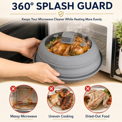 Microwave Splatter Cover for Food, 3-in-1 Glass & Silicone Microwave Cover with Anti-Scald Base Plate and Silicone Mat,Collapsible Vented Guard Lid, BPA-Free, Dishwasher Safe, 11 Inch (Large-Gray)