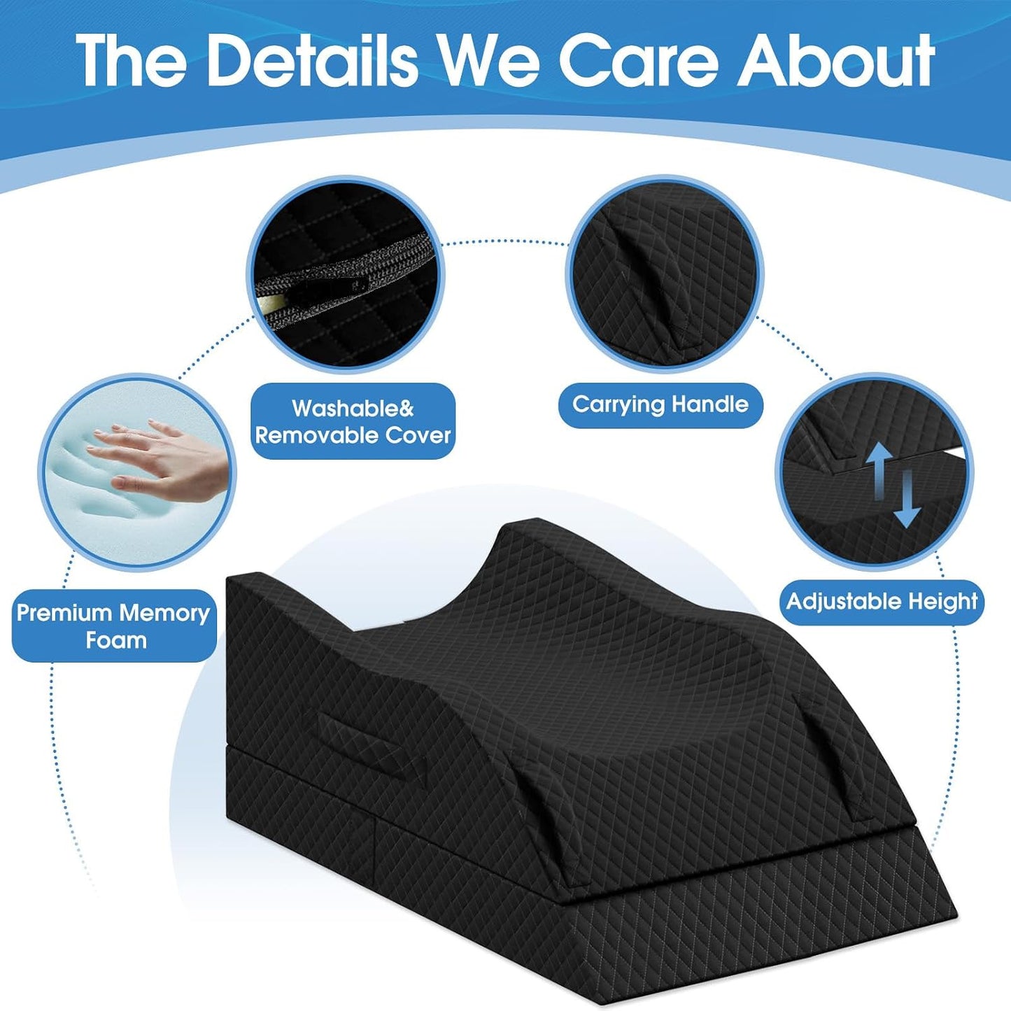TranquilRelax Leg Elevation Pillows for After Surgery, Wedge Pillow, Grey | Memory Foam, All-around Knee & Ankle Support for Swelling, Height-adjustable, Nop-Slip Bottom, Washable Cover, Single-leg
