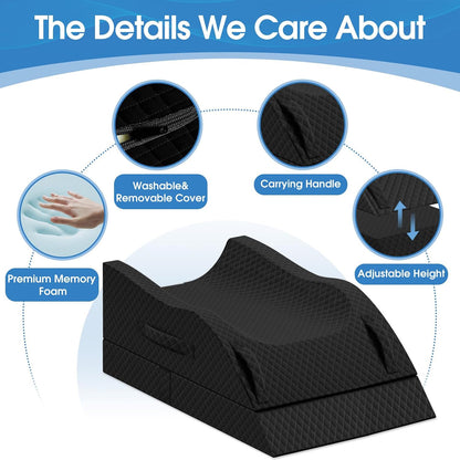 TranquilRelax Leg Elevation Pillows for After Surgery, Wedge Pillow, Grey | Memory Foam, All-around Knee & Ankle Support for Swelling, Height-adjustable, Nop-Slip Bottom, Washable Cover, Single-leg