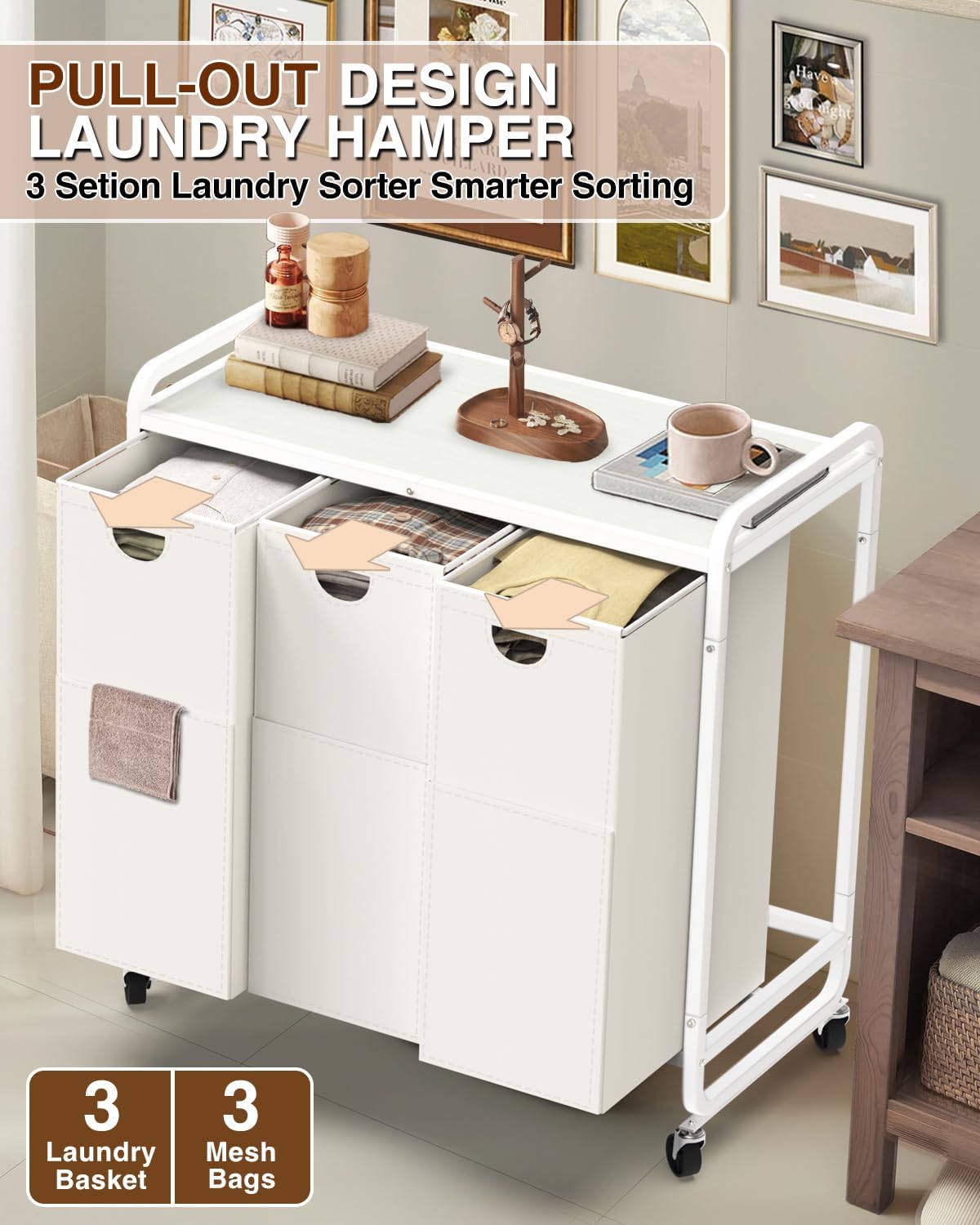 Laundry Sorter 3 Section,Laundry Basket with Wheels,3×15.8 Gal (60L) | Laundry Room Organization with Wooden Desktop Shelf,Pull-Out and Removable 900D Oxford Fabric Laundry Bags for Laundry Room