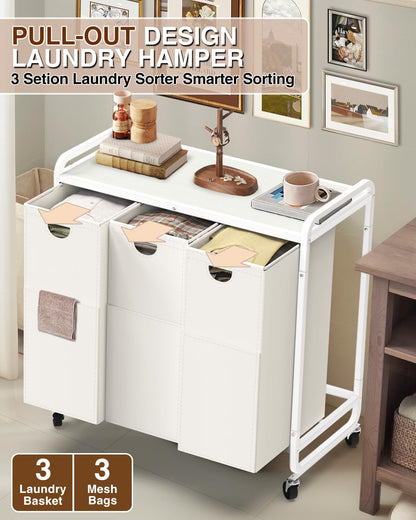 Laundry Sorter 3 Section,Laundry Basket with Wheels,3×15.8 Gal (60L) | Laundry Room Organization with Wooden Desktop Shelf,Pull-Out and Removable 900D Oxford Fabric Laundry Bags for Laundry Room
