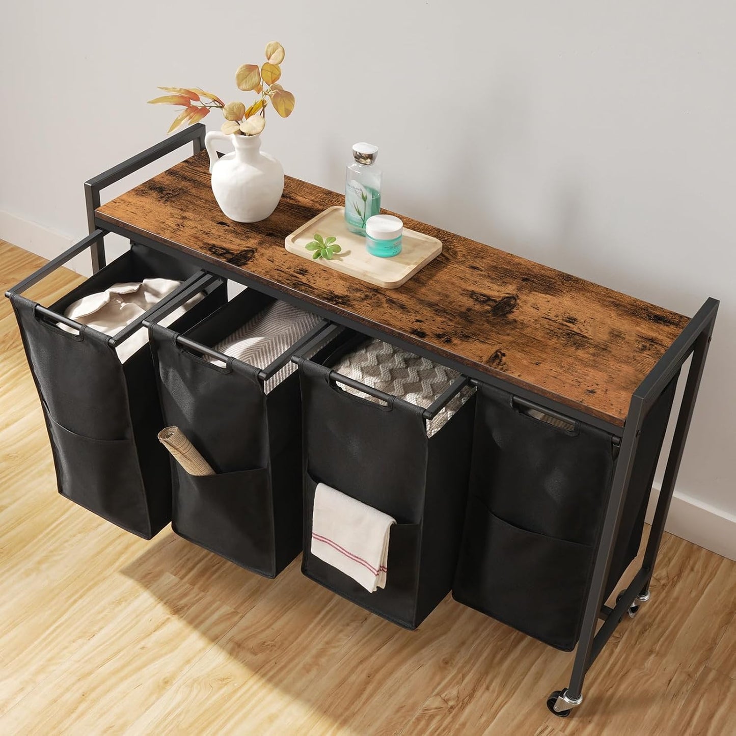 HOOBRO Laundry Sorter 4 Sections, Laundry Hamper with Wheels, 4 × 10.5 Gal (39.8L), Rolling Laundry Basket, Pull-Out and Removable Oxford Fabric Bags, Greige and Black BG04XY01