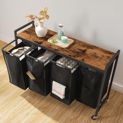 HOOBRO Laundry Sorter 4 Sections, Laundry Hamper with Wheels, 4 × 10.5 Gal (39.8L), Rolling Laundry Basket, Pull-Out and Removable Oxford Fabric Bags, Greige and Black BG04XY01
