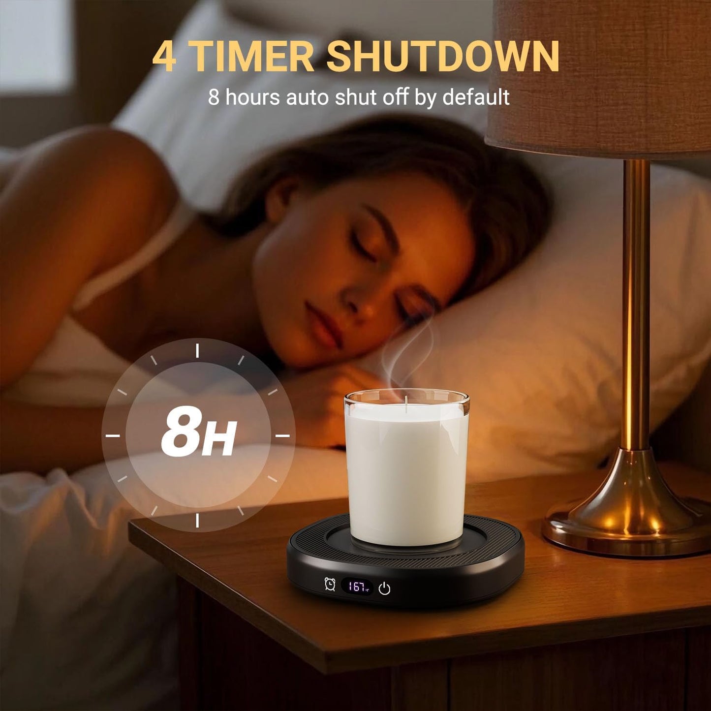 Coffee Mug Warmer & Pure Black Mug Set, Electric Cup Warmer for Desk | Beverage Warmer Plate for Coffee,Tea,4 Temperature Setting,8-Hours Auto Shut Off,14oz Mug with Spoon & Bamboo Lid Included
