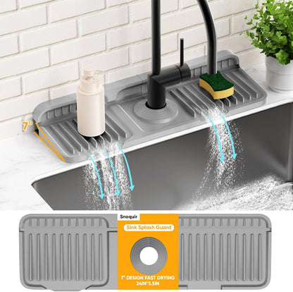 24'' Longer Faucet Mat for Kitchen Sink Splash Guard[7° Slope Fast Self-draining][Snap Lock Fit]Kitchen Sink Faucet Mat Splash Guard Kitchen Sink Area Water Splash Guard Behind Faucet Draining Mat
