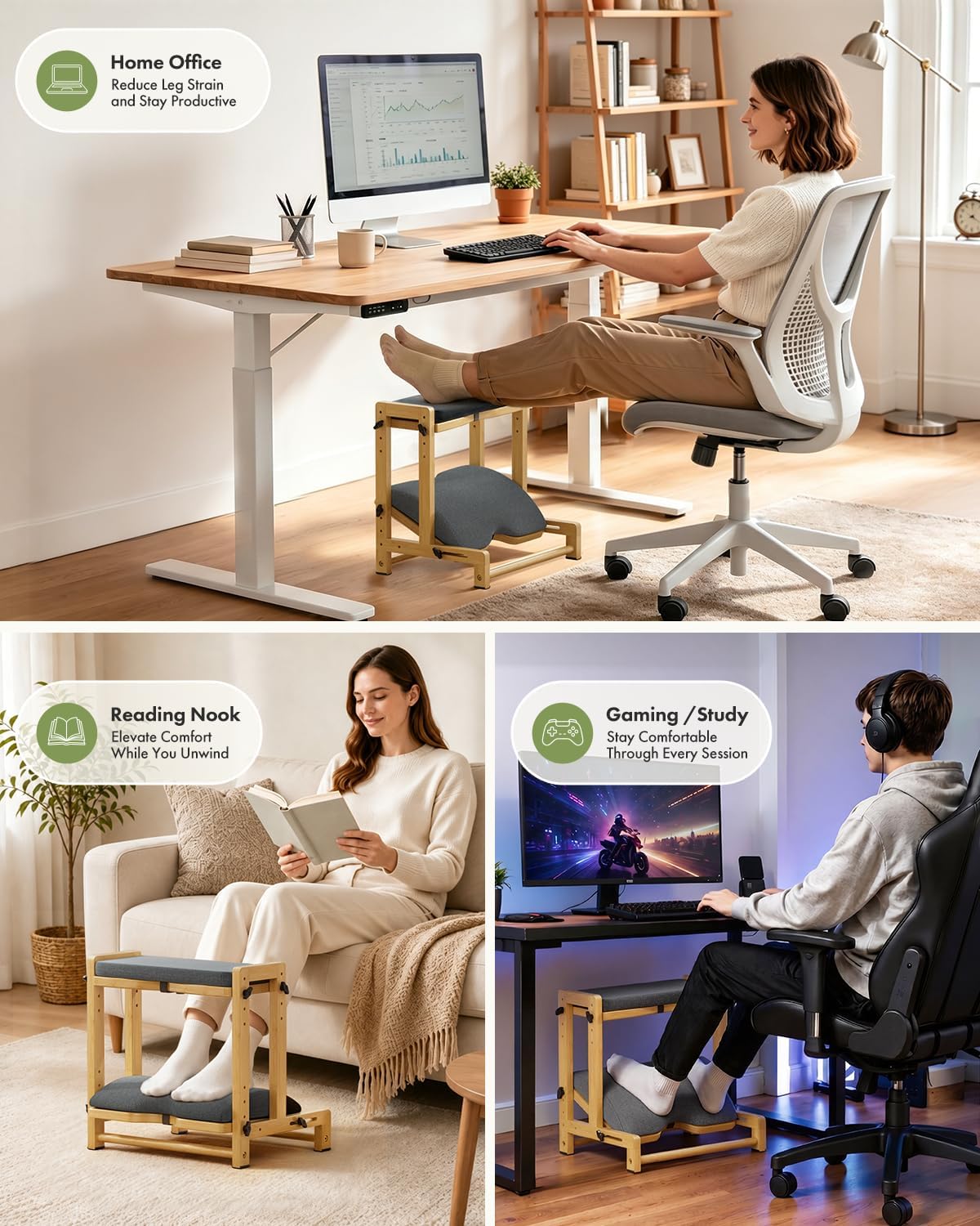 Amazer Bamboo Foot Rest for Under Desk at Work, 2-in-1 Reversible Rocking Footrest Adjustable Foot Stool, Ergonomic Footrest for Under Gaming Desk, Feet Support Leg Footstools for Home Office