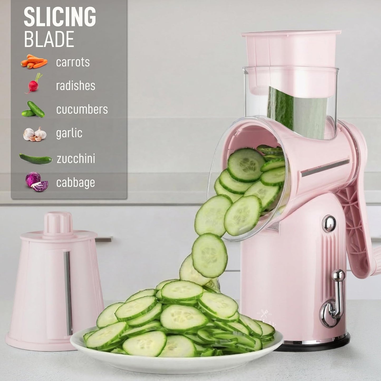 Zulay Kitchen Rotary Cheese Grater 5 Blade Cheese Shredder - Manual Hand Crank Cheese Grater With Reinforced Suction & 5 Interchangeable Drums - Easy to Use, Vegetable Chopper Round Mandoline Slicer - Colors A