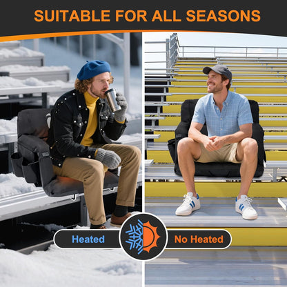 Wide Heated Stadium Seat for Bleachers w/Back Support & Cushion | 5-Position Adjustable Heated Stadium Seat with Armrests, 3 Heat Levels, Anti-Slip, Side Pockets, Backpack Straps (No Battery)
