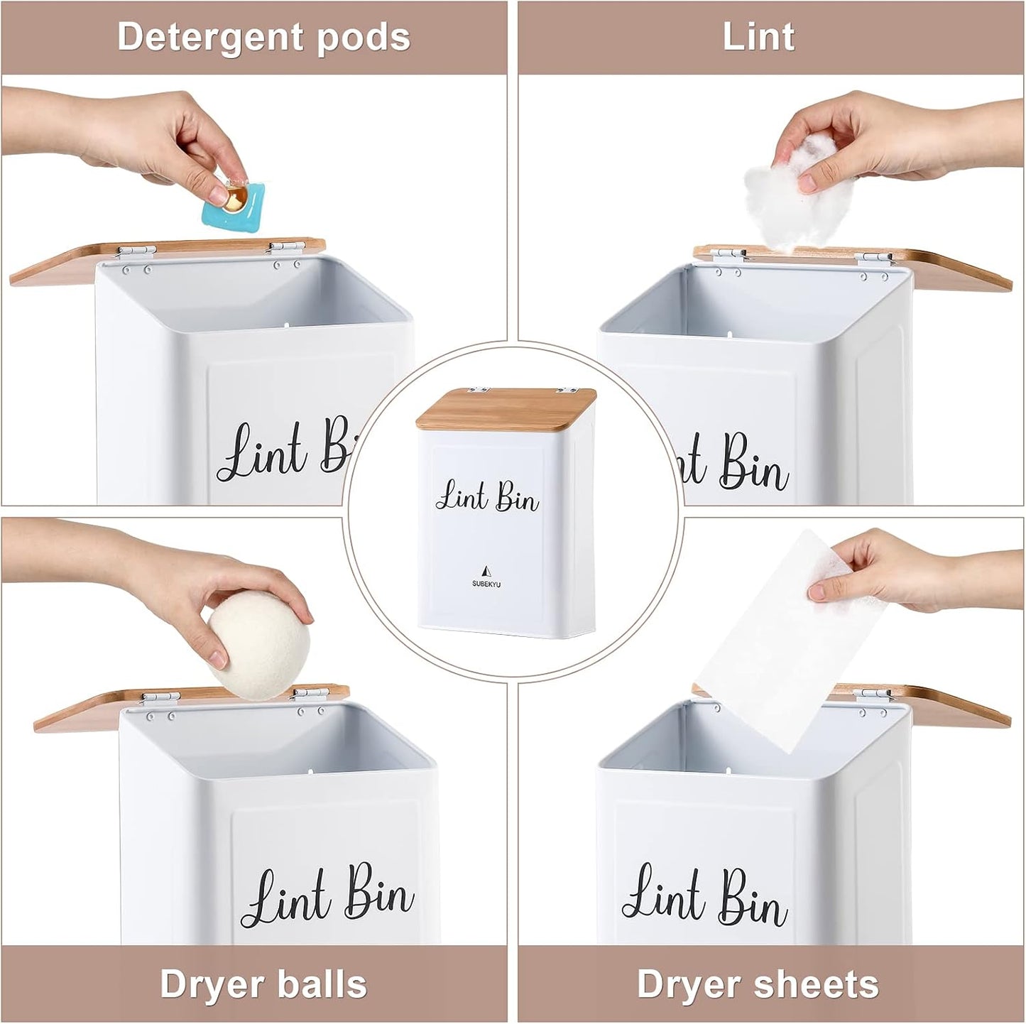 SUBEKYU Magnetic Lint Bin for Laundry Room Organization and Storage,White | Wall Mounted Metal Lint Box Holder Trash Can with Bamboo Lid for Dryer,Lint Basket for Laundry Room Decor