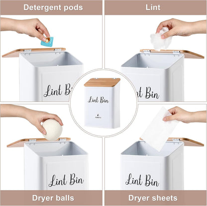 SUBEKYU Magnetic Lint Bin for Laundry Room Organization and Storage,White | Wall Mounted Metal Lint Box Holder Trash Can with Bamboo Lid for Dryer,Lint Basket for Laundry Room Decor