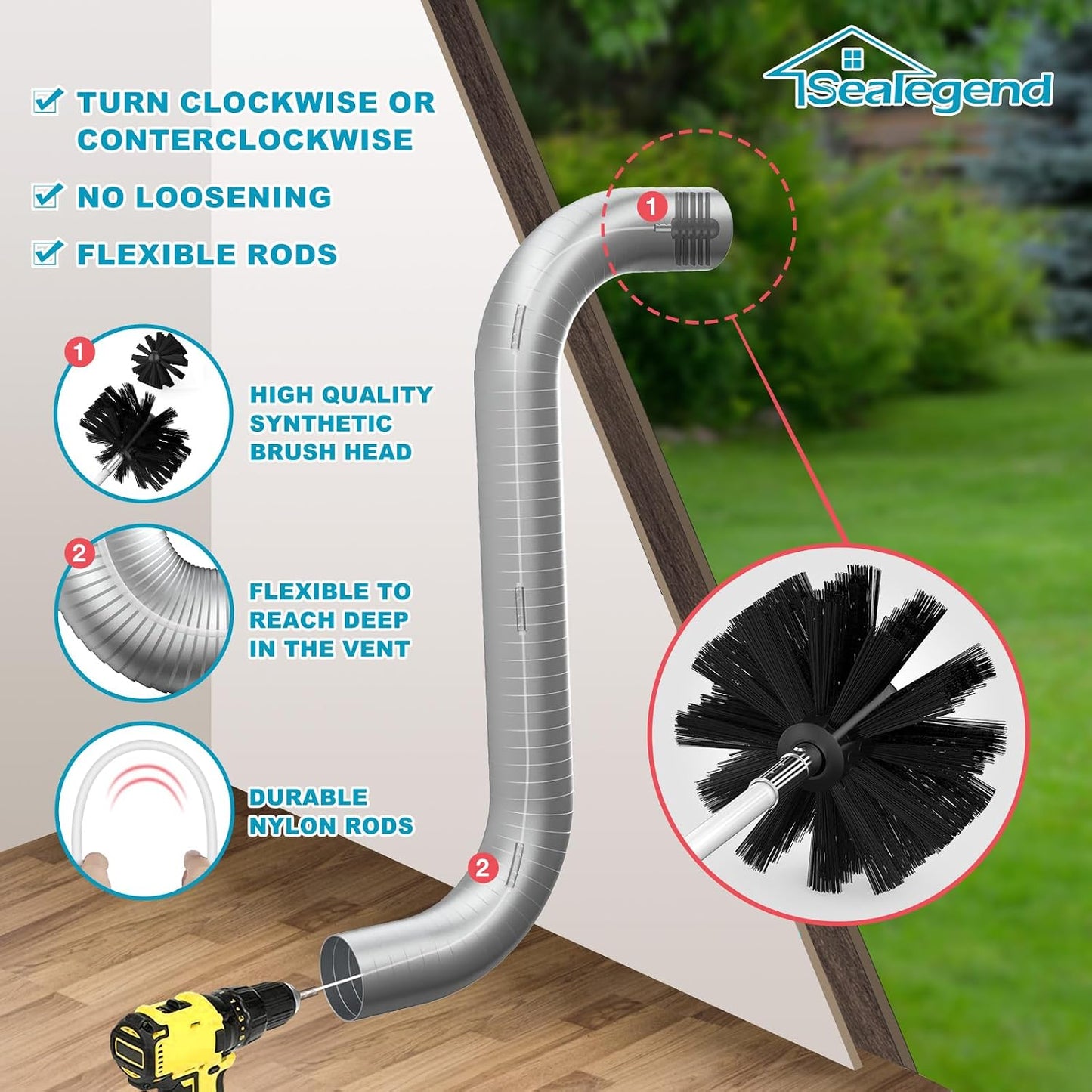 Sealegend 40Ft Dryer Vent Cleaner Kit Flexible Lint Remover | Upgraded Quick-Snap Brush with Drill Attachment for Easy to Use, Deep Clean, Lint Removal, Easy DIY Assembly, Home Essential