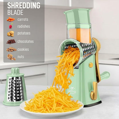 Zulay Kitchen Rotary Cheese Grater 5 Blade Cheese Shredder - Manual Hand Crank Cheese Grater With Reinforced Suction & 5 Interchangeable Drums - Easy to Use, Vegetable Chopper Round Mandoline Slicer - Colors B