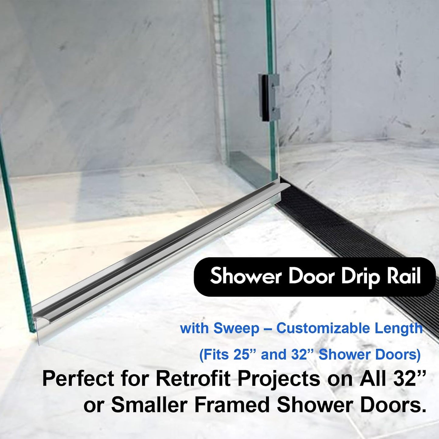 25" Shower Door Bottom Deflector for Chrome Framed Shower Door | Drip Rail Replacement with Vinyl Sweep,Attach pre adhesive installation tape and screws