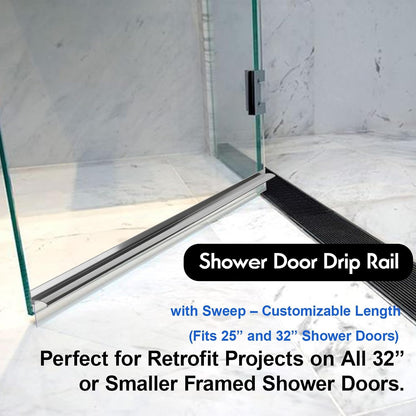 25" Shower Door Bottom Deflector for Chrome Framed Shower Door | Drip Rail Replacement with Vinyl Sweep,Attach pre adhesive installation tape and screws