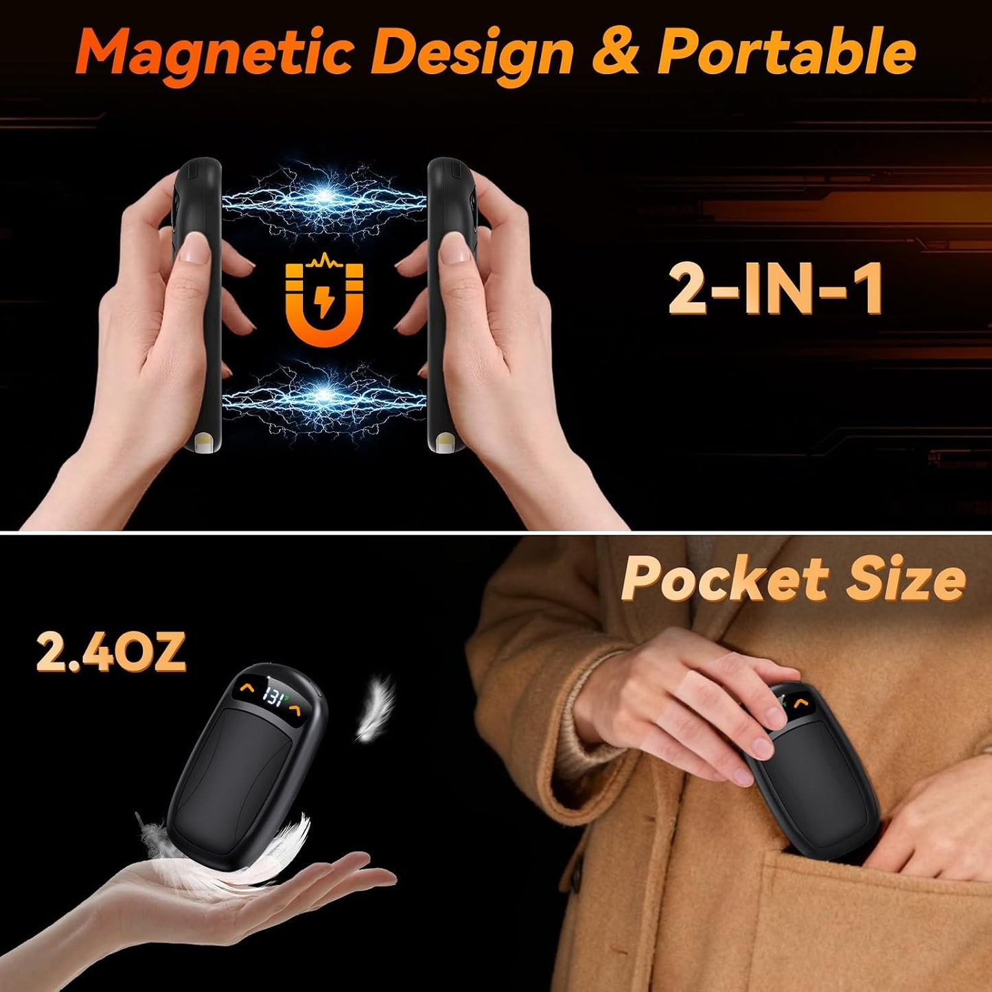 Rechargeable Hand Warmer 2Pack, AI Chips Electric Hand Warmers with LED Display, 3 Temps Portable Magnetic Handwarmers, Pocket-Sized Electronic Hand Warmers for Man, Women, Camping, Hunting, Christmas