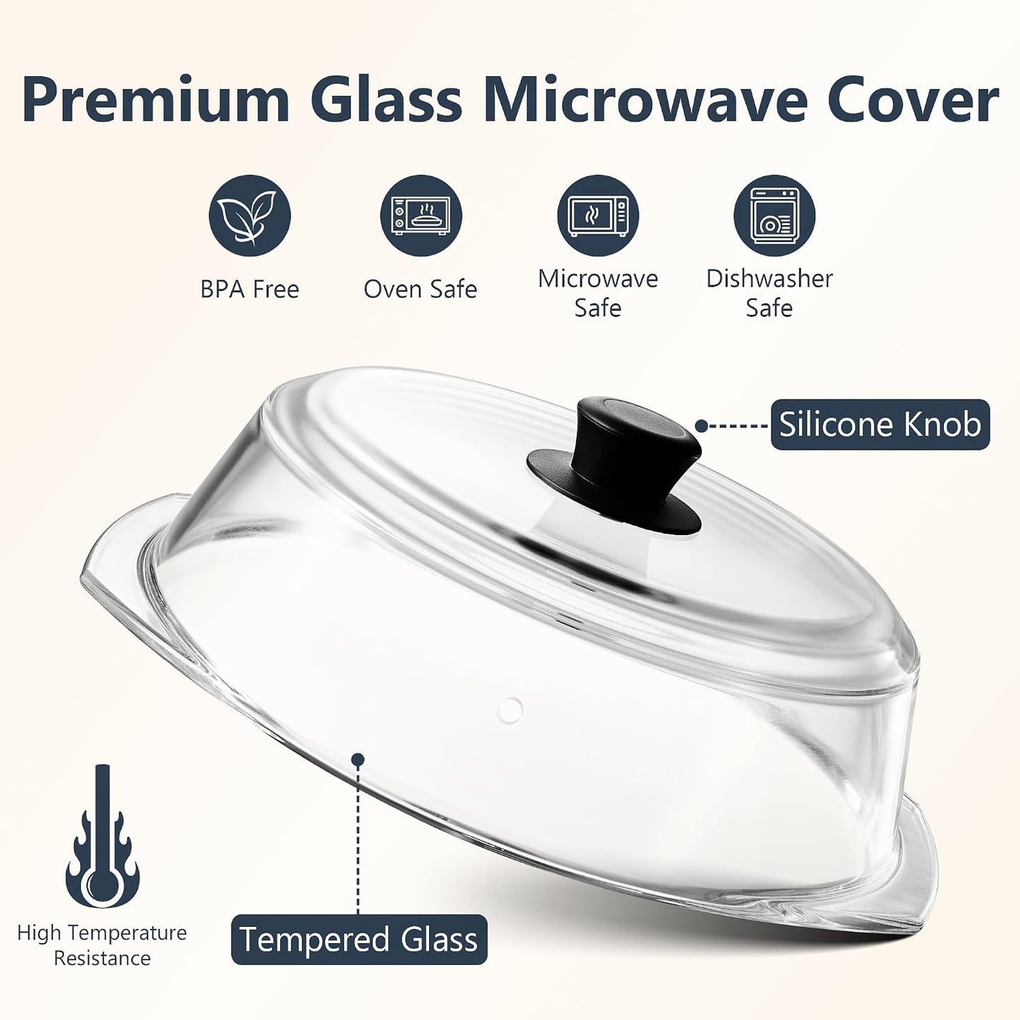 Glass Microwave Splatter Cover for Food Plates & Cookware with Oven Mitts, Borosilicate Glass Splatter Lid Guard with Vent Hole & Easy Grip Silicone Handle, 100% BPA Free & Dishwasher Safe