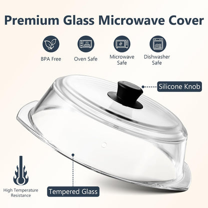 Glass Microwave Splatter Cover for Food Plates & Cookware with Oven Mitts, Borosilicate Glass Splatter Lid Guard with Vent Hole & Easy Grip Silicone Handle, 100% BPA Free & Dishwasher Safe