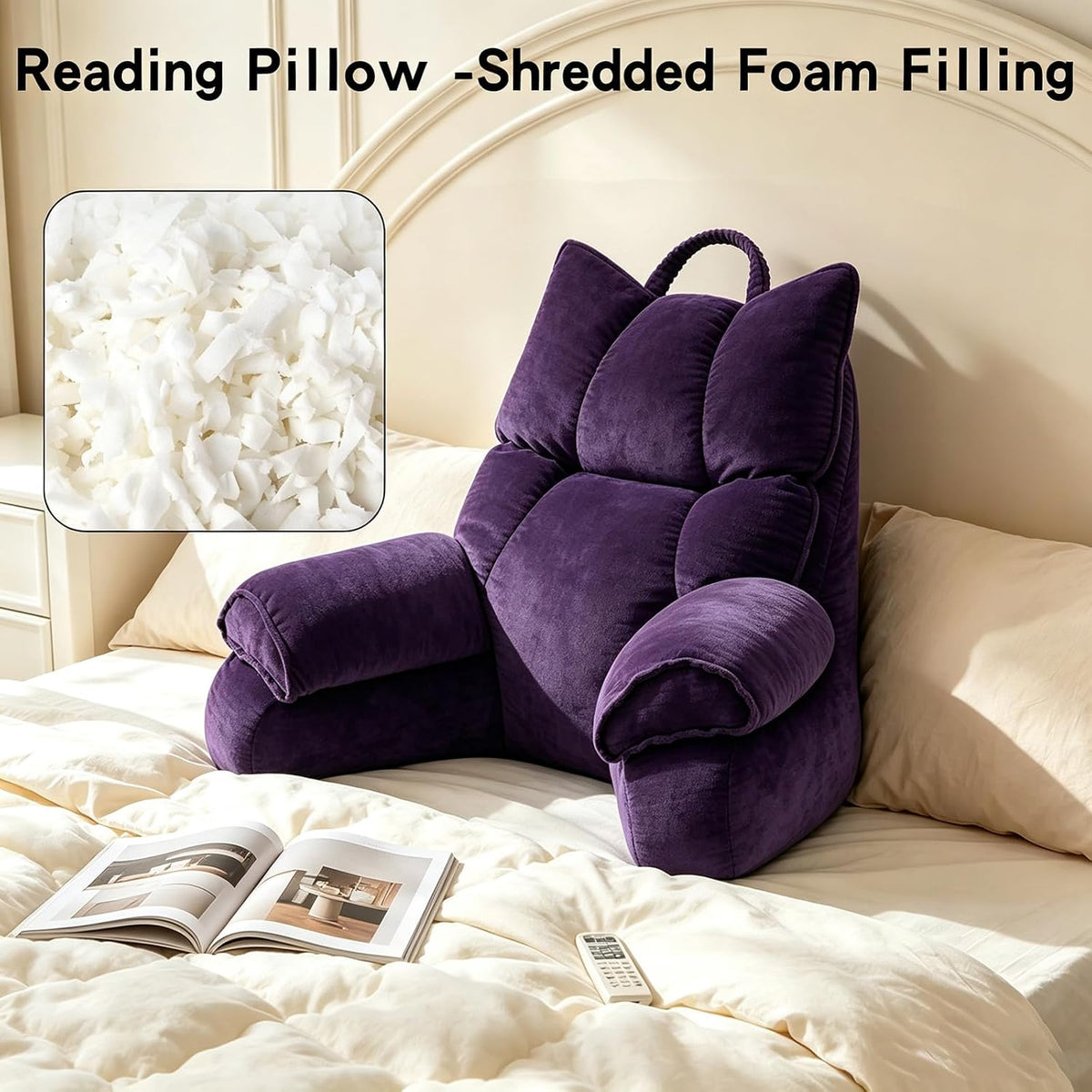 Reading Pillow for Bed with Arms, Back Support, Memory Foam（Grey Black）