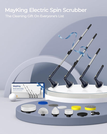MayKing Electric Spin Scrubber with 9 Brush Heads, IPX7, Model Blue | 3-Angle & 4-Length Adjustable Cordless Power Scrubber, 3-Speed & Battery LED Display, for Bathroom, Tub, Floor & Tiles