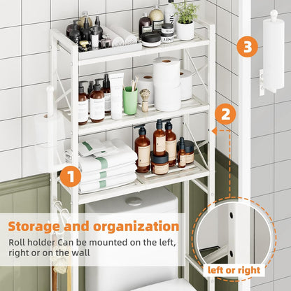Simple Trending Over The Toilet Storage Cabinet, Metal Bathroom Shelf Organizer with Paper Holder and Hooks, 3 Tier, Black