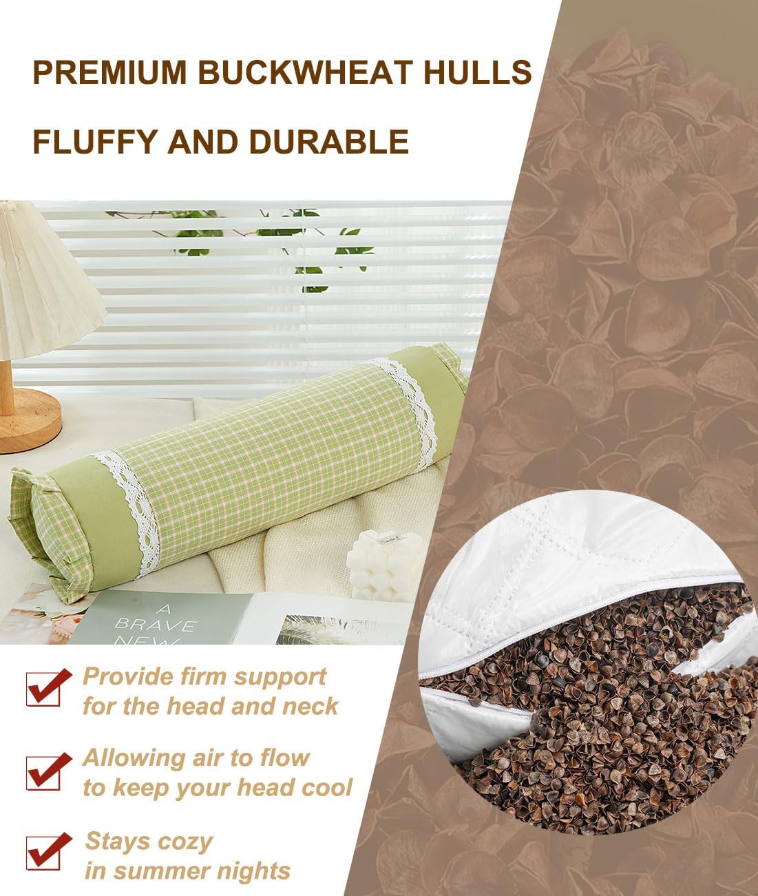 Buckwheat Neck Roll Pillow, Adjustable Bolster Cylinder Pillows with Plaid & Lace Trim Pillowcase, Firm Cervical Support Round Pillows Neck Pain Relief for Sleeping (16"x4",Blue)
