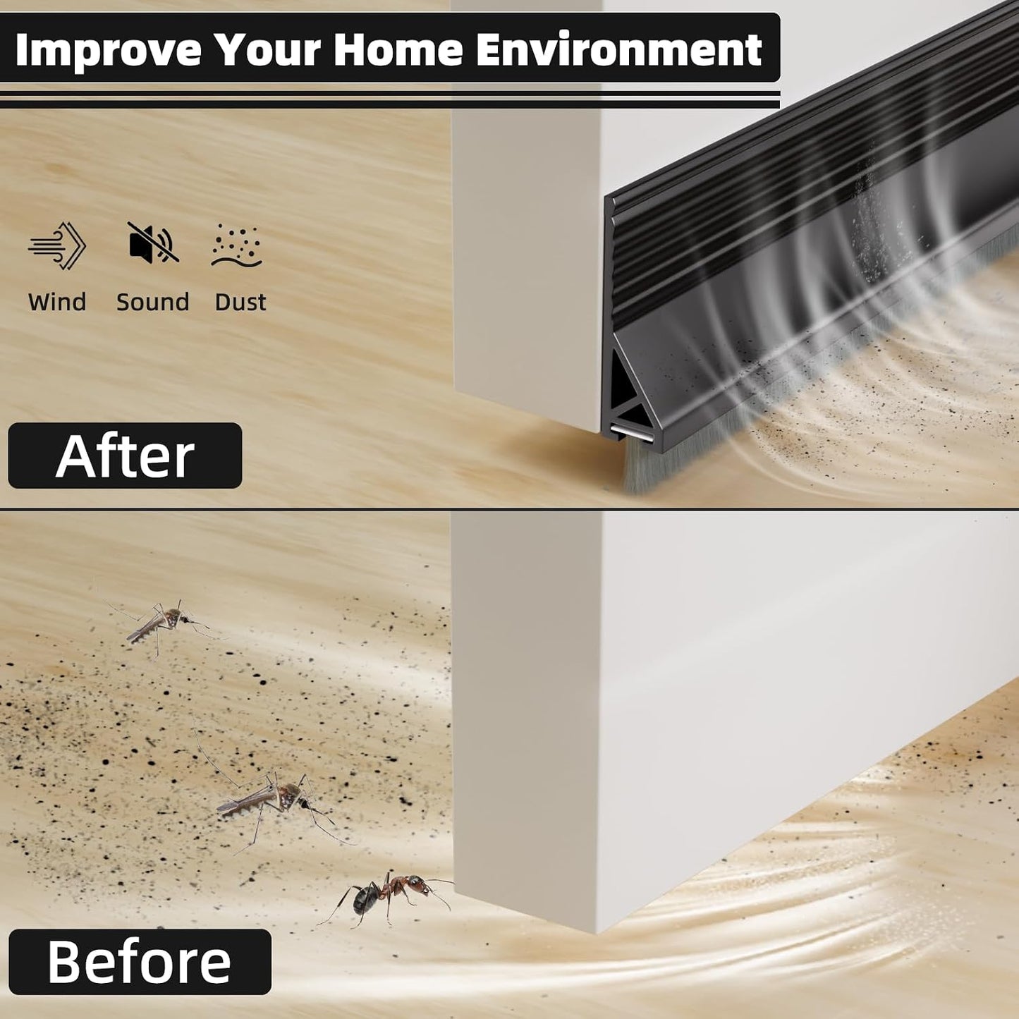 Esufeir 39” Under Door Draft Stopper with Brush,Black | Bottom of Door Sweeps for Exterior & Interior,Gap Filler Sound Blocker Seal Strip,Draft Guard Dust Stopper