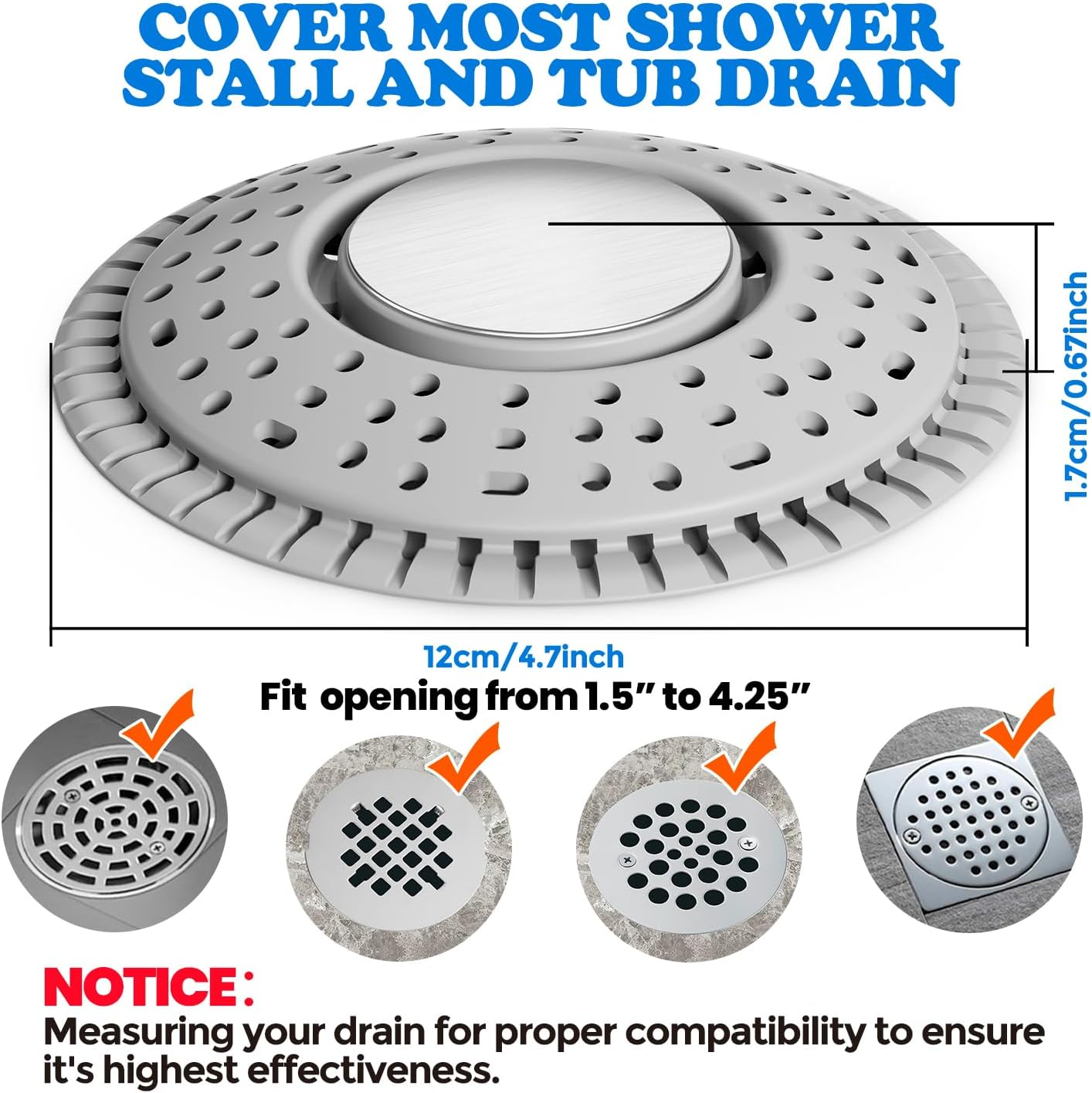 Shower Drain Hair Catcher Silicone Flat Floor Strainer Protector | 2 Pack Gray Weighted Flat Shower Drain Protectors, Traps Hair Before Clogs, Easy to Clean in Seconds, Fits Flat Floor Drains